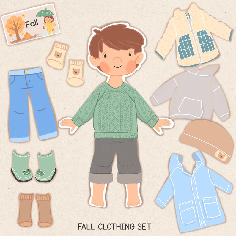 May include: An illustrated fall clothing set for children. Includes a green cable knit sweater, gray pants, blue jeans, a light blue raincoat, a beige jacket, a gray hoodie, a brown beanie, socks, and boots. The set is labeled "Fall Clothing Set".