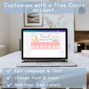 May include: A laptop screen shows a children's evening routine chart with a moon, stars, and bunny illustrations. The chart is in pink and white. Text on the screen reads "Olivia's Evening Routine". The image also includes text: "Customize with a free Canva account."