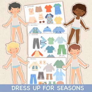 以下が含まれることがあります： 4体の人形と季節の服がセットになった、子供向けのペーパードールセット。夏、冬、春、秋と季節ごとに衣装がまとめられています。「Dress Up For Seasons」の文字が画像の下部にあります。