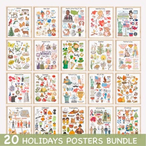 20 Feiertage und Jahreszeiten Poster Bundle Homeschool bildungs Klassenzimmer Poster für Vorschule lernen druckbare Klassenzimmer Dekor Wandkunst