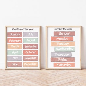 Juego de 2 impresiones de carteles para aulas preescolares con los días de la semana y los meses del año, carteles educativos para niños pequeños, decoración para el aprendizaje en el hogar