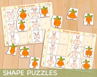 May include: Two printable worksheets with the text "Shape puzzles" and "Find the pair". Each worksheet has a grid of images of bunnies and carrots with different shapes. The images are in black, white, orange, and green.