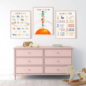 May include: Three educational posters for children, featuring the alphabet, the solar system, and numbers 1-10. The posters are framed in light wood and have a white background with colorful illustrations.