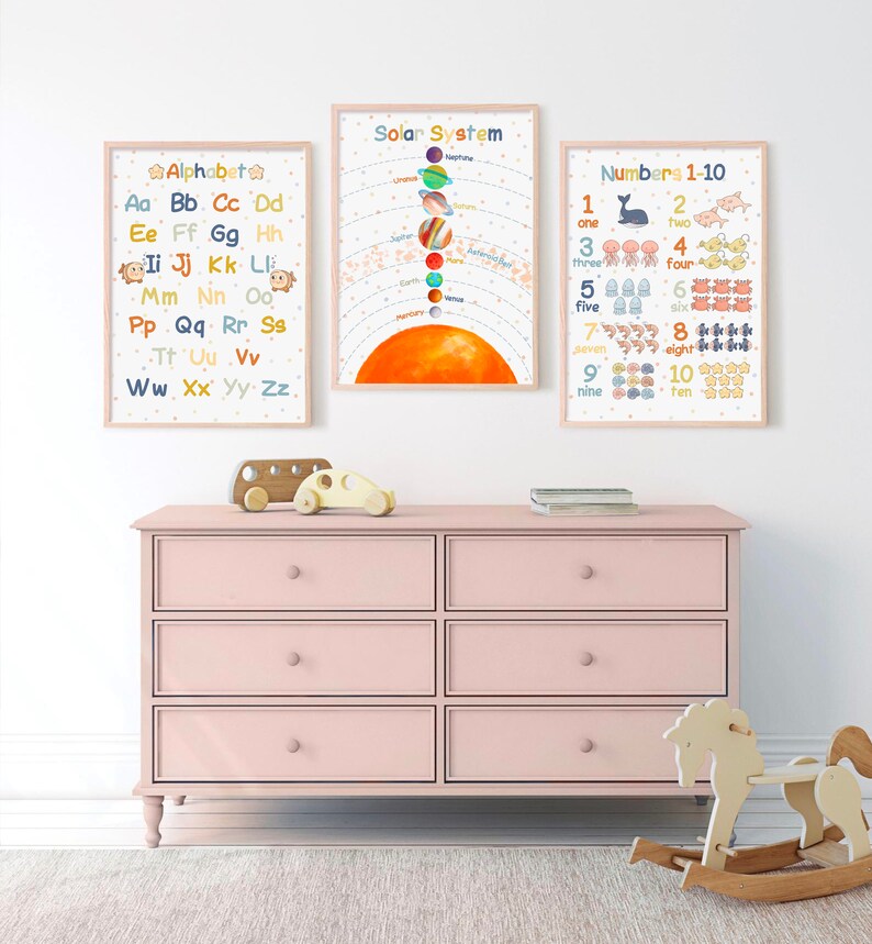 May include: Three educational posters for children, featuring the alphabet, the solar system, and numbers 1-10. The posters are framed in light wood and have a white background with colorful illustrations.