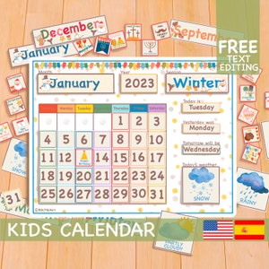 White Perpetual Calendar, Kids Calendar Printable Classroom Calendar Board, Preschool Curriculum - Montessori materials English Spanish