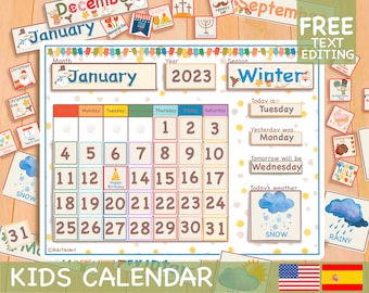 White Perpetual Calendar, Kids Calendar Printable Classroom Calendar Board, Preschool Curriculum - Montessori materials English Spanish