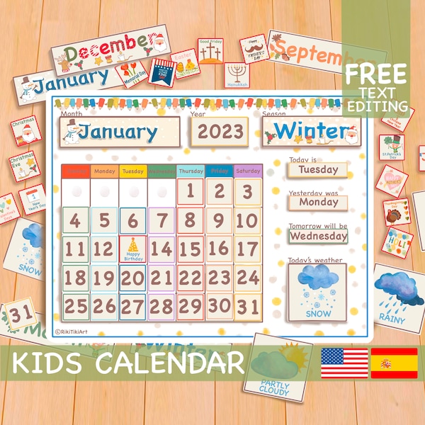 White Perpetual Calendar, Kids Calendar Printable Classroom Calendar Board, Preschool Curriculum - Montessori materials English Spanish