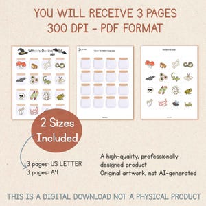 Puede incluir: Un conjunto de descarga digital que contiene tres p&aacute;ginas en formato PDF de 300 DPI, incluyendo tama&ntilde;os US Letter y A4. Las p&aacute;ginas presentan ilustraciones de frascos de pociones, tapas para recortar y varios iconos de naturaleza.