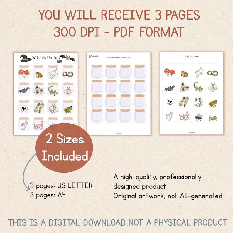 Puede incluir: Un conjunto de descarga digital que contiene tres p&aacute;ginas en formato PDF de 300 DPI, incluyendo tama&ntilde;os US Letter y A4. Las p&aacute;ginas presentan ilustraciones de frascos de pociones, tapas para recortar y varios iconos de naturaleza.