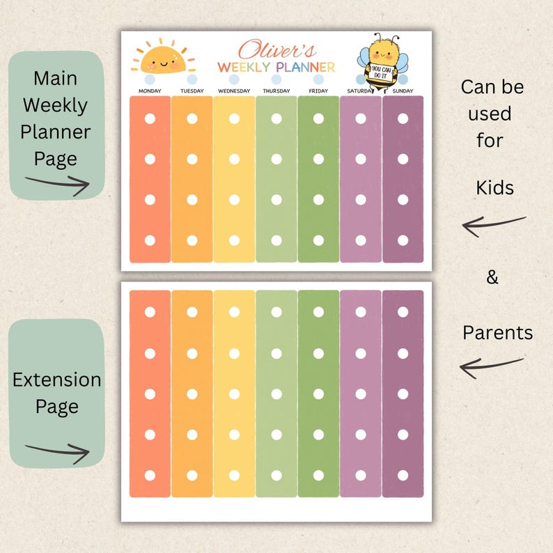 May include: A weekly planner with a colorful design. The top section features a sun and a bee illustration with the text "Oliver's Weekly Planner". The planner is divided into columns for each day of the week, with space for notes. The planner can be used for kids and parents.