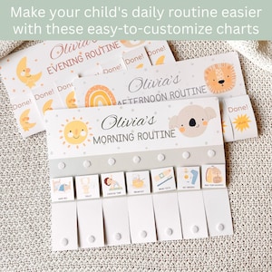 以下が含まれることがあります： 「Olivia's MORNING ROUTINE」、「Olivia's AFTERNOON ROUTINE」、および「Olivia's EVENING ROUTINE」のテキストが記載された、カスタマイズ可能な子供用ルーチンチャート。各チャートにはイラスト入りのアイコンと「Done！」セクションがあります。