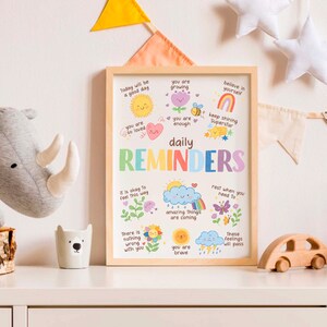 May include: A colorful printable poster with daily reminders for kids. The poster features illustrations of a sun, a heart, a bee, a rainbow, a cloud, a flower, and a butterfly. The text on the poster includes phrases like "Today will be a good day", "You are so loved", "You are growing", "You are enough", "Believe in yourself", "Keep shining Superstar", "It is okay to feel this way", "Amazing things are coming", "You are brave", "Rest when you need to", "These feelings will pass", and "There is nothing wrong with you".