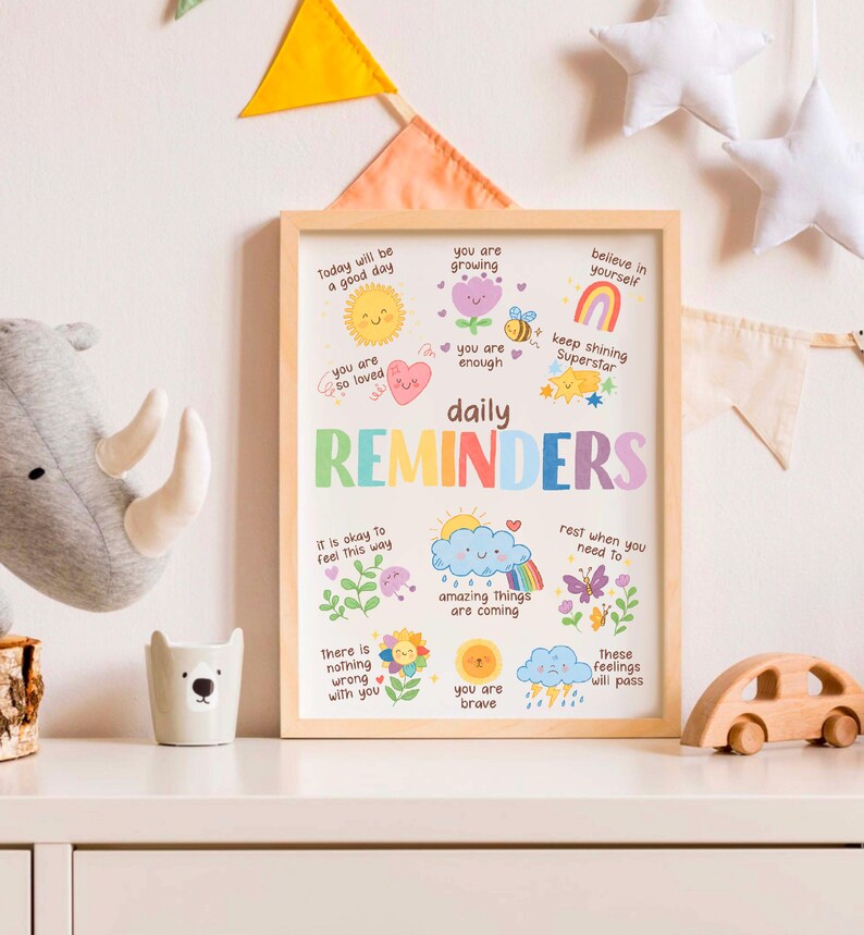 May include: A colorful printable poster with daily reminders for kids. The poster features illustrations of a sun, a heart, a bee, a rainbow, a cloud, a flower, and a butterfly. The text on the poster includes phrases like "Today will be a good day", "You are so loved", "You are growing", "You are enough", "Believe in yourself", "Keep shining Superstar", "It is okay to feel this way", "Amazing things are coming", "You are brave", "Rest when you need to", "These feelings will pass", and "There is nothing wrong with you".