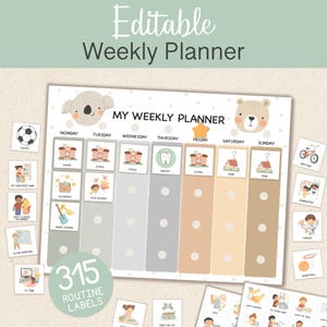 May include: An editable weekly planner with a koala and bear illustration. The planner includes a section for each day of the week, with spaces for routine labels. The image also shows 315 routine labels with various activities.