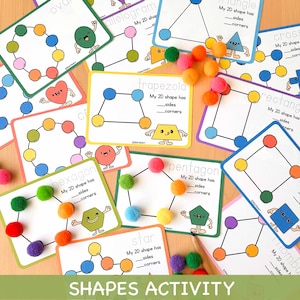 Pom Pom Shapes Activity Preschool Printables, 2D Shapes Montessori Printable Visual Cards, Math Toddler Activity, STEM Printable Activities