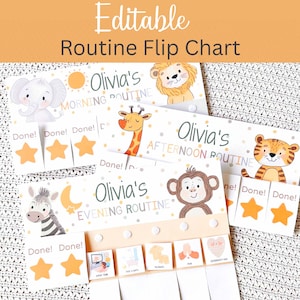 Peut inclure: Un tableau de routine modifiable pour enfants. Le tableau présente des sections pour les routines du matin, de l'après-midi et du soir, chacune avec une illustration d'animal. Comprend des sections "Terminé !" avec des autocollants en forme d'étoile et des icônes de tâches.