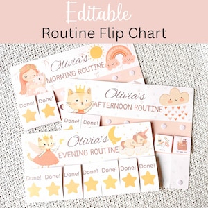 Op de afbeelding: Een set van drie "Olivia's" routine flip charts met illustraties van een fee, kat en eenhoorn. De kaarten zijn gelabeld met "Ochtendroutine", "Middagroutine" en "Avondroutine". Elke kaart heeft "Klaar!" stervormige markers.
