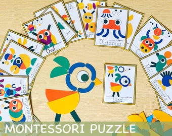 Montessori afdrukbare puzzel Voorschoolse peuteractiviteiten Patroonblokken versus visuele kaarten Kinderen leren spellen Homeschool Resources