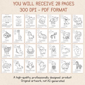 May include: A digital coloring book set featuring 28 pages in PDF format with 300 DPI resolution. Each page displays a letter of the alphabet from A to Z, accompanied by a black and white line drawing of an animal or character.