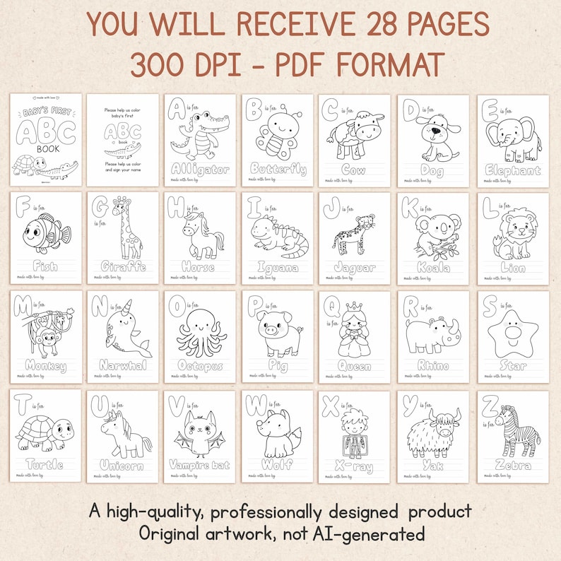 May include: A digital coloring book set featuring 28 pages in PDF format with 300 DPI resolution. Each page displays a letter of the alphabet from A to Z, accompanied by a black and white line drawing of an animal or character.