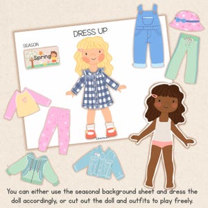 May include: A paper doll dress-up set with two dolls and various outfits. The outfits include a blue denim overall, a pink hat, green pants, a pink and yellow shirt, pink polka dot pants, a blue jacket, and a green hoodie. The text "DRESS UP" is visible.