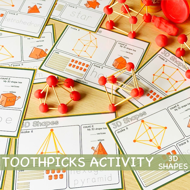 May include: A set of printable 3D shapes activity cards with instructions to make it, trace it, and count it. The cards feature a variety of 3D shapes, including a cube, pyramid, and star. The cards are designed for use with toothpicks and playdough.