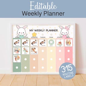 May include: A framed weekly planner with the text "Editable Weekly Planner" and "My Weekly Planner." The planner features illustrations of bunnies, stars, and routine labels. Includes 315 routine labels.