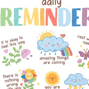 May include: A colorful daily reminder poster with illustrations of a smiling cloud with a rainbow, a sunflower, a lion, and a sad cloud with lightning. The text on the poster reads "daily reminder", "it is okay to feel this way", "amazing things are coming", "there is nothing wrong with you", "you are brave", and "rest when you need to".