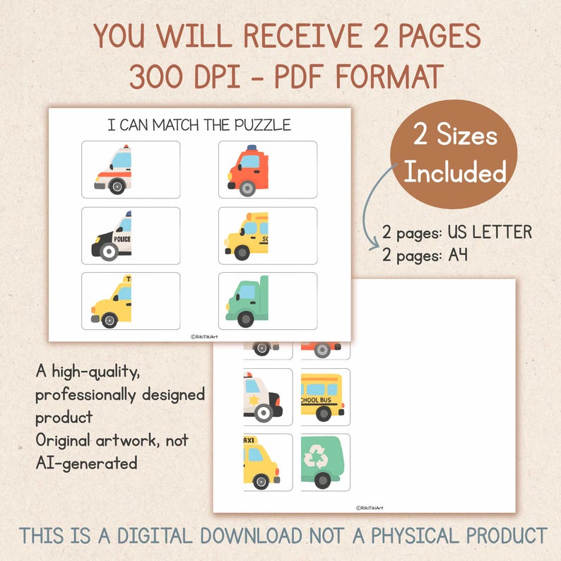 May include: A digital download featuring a matching puzzle with colorful illustrations of various vehicles, including a police car, ambulance, and school bus. The text reads "I CAN MATCH THE PUZZLE". The product includes two sizes: US Letter and A4.