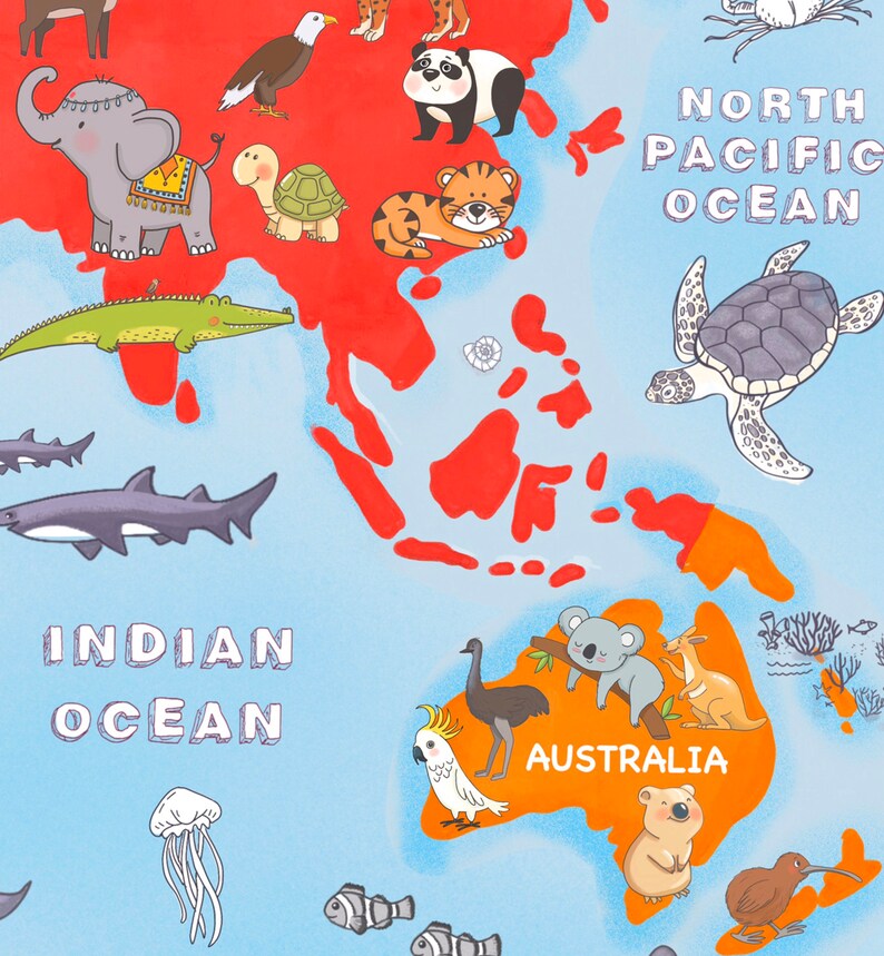 May include: A colorful illustration of a world map with animals from different continents. The map shows Asia, Australia, and the surrounding oceans. Animals include an elephant, a panda, a tiger, a crocodile, a shark, a turtle, a koala, a kangaroo, an emu, a cockatoo, and a kiwi.