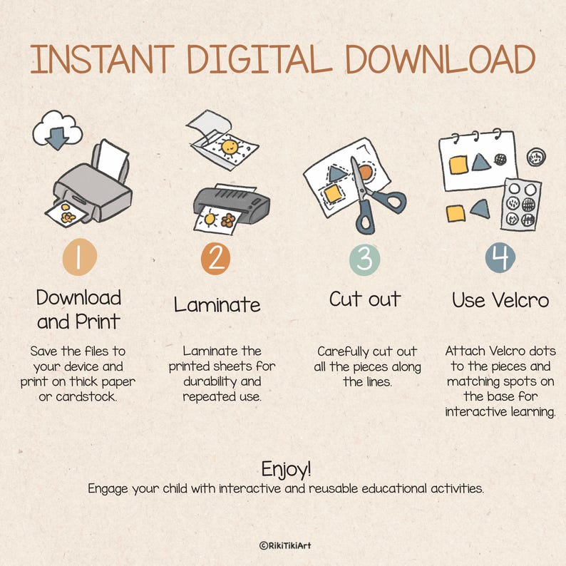 May include: An illustrated guide for a digital download, showing steps to create educational activities. Includes printing, laminating, cutting, and using Velcro. Text reads "Instant Digital Download" and "Enjoy!" with the RikiTikiArt logo.