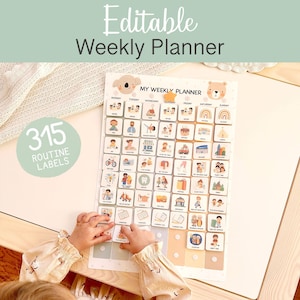 May include: An editable weekly planner with 315 routine labels. The planner features a grid layout with illustrated icons for daily activities. The text "Editable Weekly Planner" is at the top. A child's hands are interacting with the planner.