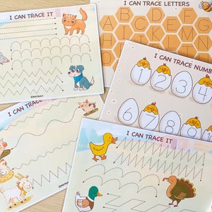 May include: Four printable worksheets for kids to practice tracing letters and numbers. The worksheets feature a variety of animal illustrations, including a cat, a dog, a duck, a turkey, a mouse, a pig, a goat, and a chick. The worksheets are titled "I Can Trace It" and "I Can Trace Letters" and "I Can Trace Numbers".