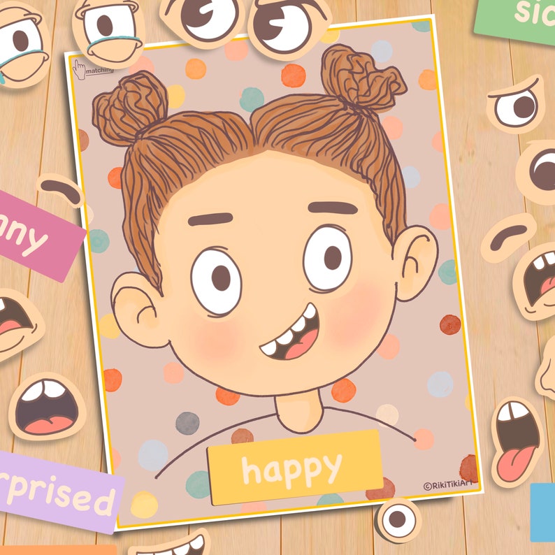 Emotions Activity for Kids Girl Version Printable Toddler Feeling Chart Quiet Book Page Preschool Homeschool Pre-K Learning Matching Game zdjęcie 6