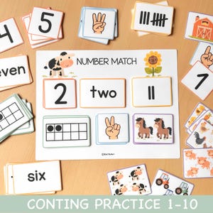 Può includere: Un gioco educativo di conteggio per bambini con carte con numeri, parole, segni di conteggio e gesti delle mani. Il gioco include una lavagna bianca con le parole "NUMBER MATCH" e "COUNTING PRACTICE 1-10".