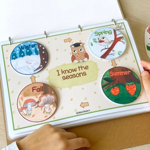 Peut inclure: Un tableau &eacute;ducatif color&eacute; pour les enfants pr&eacute;sentant les quatre saisons. Chaque saison est repr&eacute;sent&eacute;e par un cercle avec un animal et un arri&egrave;re-plan diff&eacute;rents. Le tableau comprend le texte "Je connais les saisons".