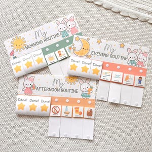 May include: Three illustrated routine charts labelled "My Morning Routine", "My Evening Routine", and "My Afternoon Routine". Each chart features cartoon bunnies, stars, and task icons. The charts are designed for children.