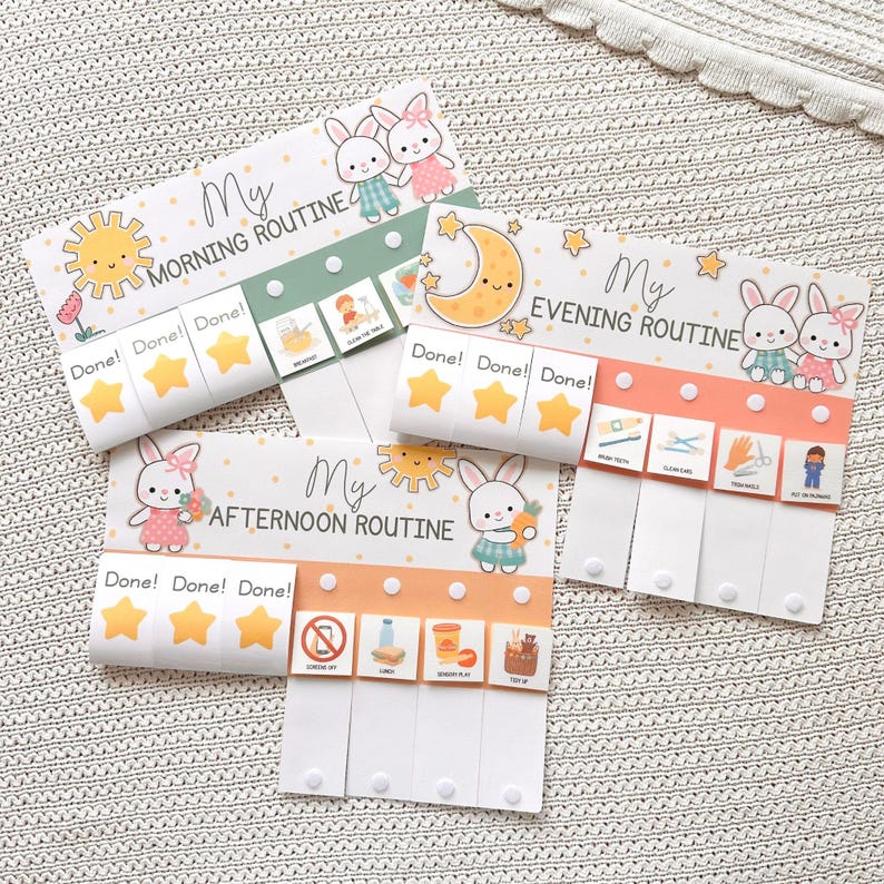 May include: Three illustrated routine charts labelled "My Morning Routine", "My Evening Routine", and "My Afternoon Routine". Each chart features cartoon bunnies, stars, and task icons. The charts are designed for children.