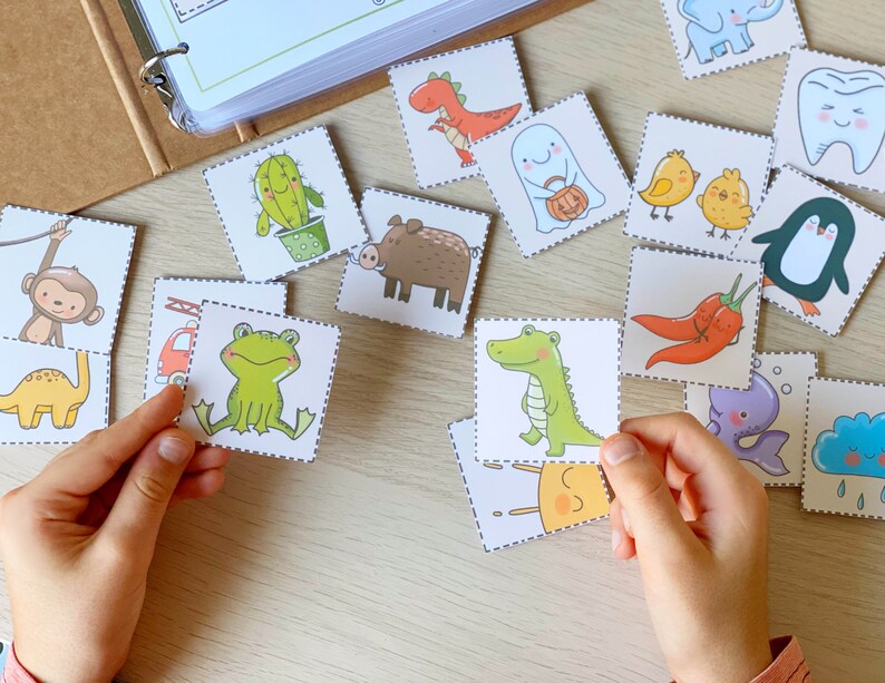Puede incluir: Un conjunto de tarjetas de memoria coloridas con varios animales, plantas y objetos. Las tarjetas est&aacute;n impresas con ilustraciones bonitas y tienen un fondo blanco con un borde negro punteado.
