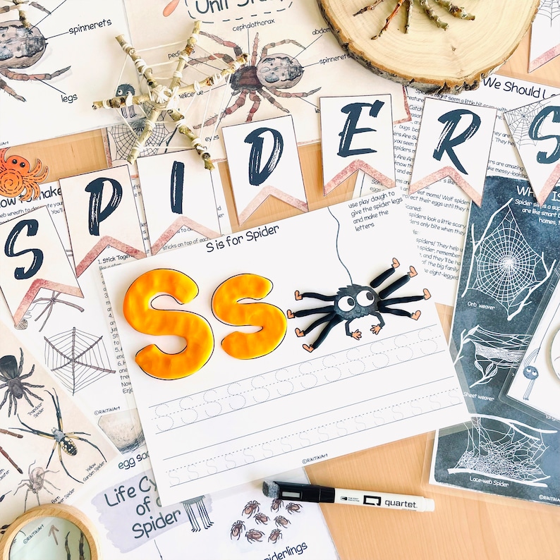 May include: A printable worksheet for learning the letter 'S' with a spider theme. The worksheet includes a tracing activity, a 'S is for Spider' title, and a picture of a spider with large googly eyes.