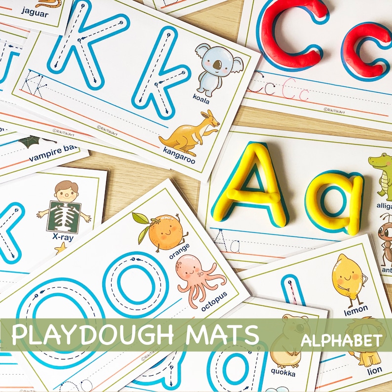 May include: Playdough mats for learning the alphabet. Each mat features a different letter of the alphabet, a corresponding animal or object, and a dotted line for tracing the letter. The mats are printed on white cardstock with blue and green accents.