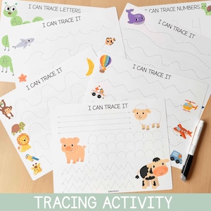 Op de afbeelding: Een verzameling witte traceeractiviteitenbladen met kleurrijke illustraties van dieren, objecten en letters. Elke pagina heeft stippellijnen om te traceren. De tekst "I CAN TRACE IT" staat op elke pagina. De tekst "TRACING ACTIVITY" staat onderaan.