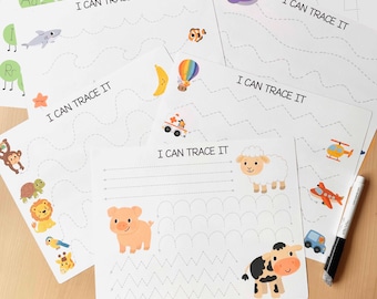 May include: A collection of white tracing activity sheets with colorful illustrations of animals, objects, and letters. Each sheet has dotted lines for tracing. The text "I CAN TRACE IT" is printed on each sheet. The words "TRACING ACTIVITY" are at the bottom.