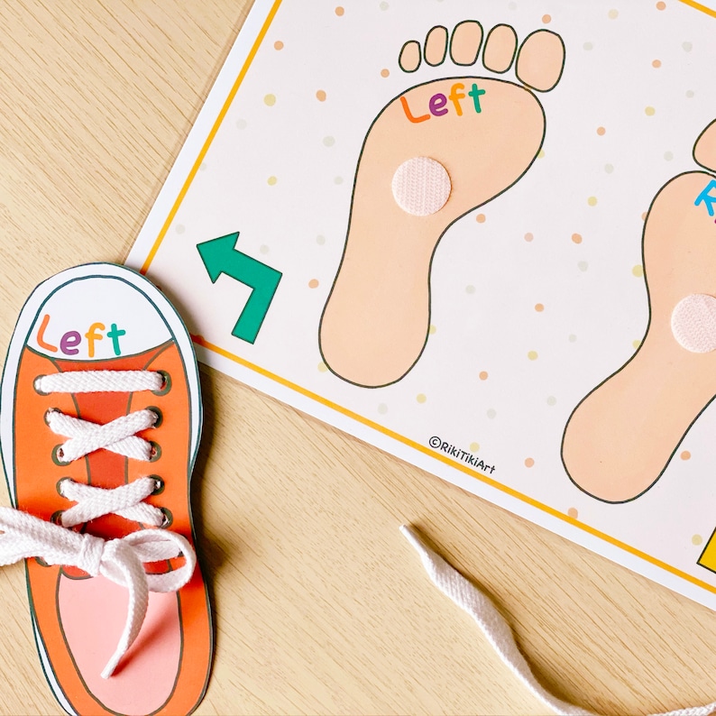 May include: A printable learning game for kids featuring a left foot with the word "Left" written on it. The game includes a shoe with laces that can be tied. The game is designed to help children learn about left and right.