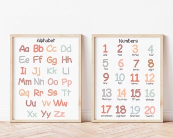 2er Set Drucke Kinderzimmer Wandkunst Klassenzimmer Poster Homeschool Lernposter Kinderzimmer Dekor Regenbogen Herunterladbare Zahlen ABC Poster