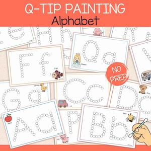 Könnte beinhalten: Eine Sammlung von Q-TIP PAINTING Alphabet-Arbeitsblättern mit Groß- und Kleinbuchstaben, die aus Kreisen zum Ausmalen bestehen. Jedes Blatt enthält eine kleine Illustration und ein Wort. Ein roter Kreis mit dem Text NO PREP ist zu sehen.
