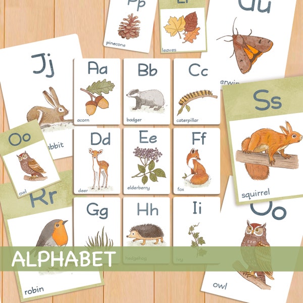 Woodland Alphabet Flashcards Printable Beginning Sounds Watercolor Cards Forest ABC Flash Cards Nature Study Montessori Toddler Flash Cards