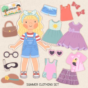 May include: A summer clothing set illustration featuring a paper doll with various outfits and accessories. Includes dresses, shorts, a skirt, a hat, sunglasses, and a purse. The text "Summer Clothing Set" is at the bottom.