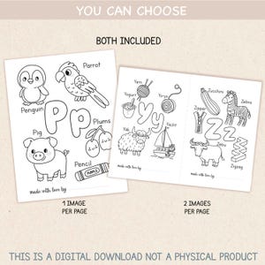 May include: Two black and white coloring pages featuring the letters P, Y, and Z. The letter P page shows a penguin, parrot, pig, plums, and pencil. The letter Y and Z page shows yogurt, yarn, yo-yo, yak, yacht, zucchini, zebra, zipper, zebu, and zigzag.