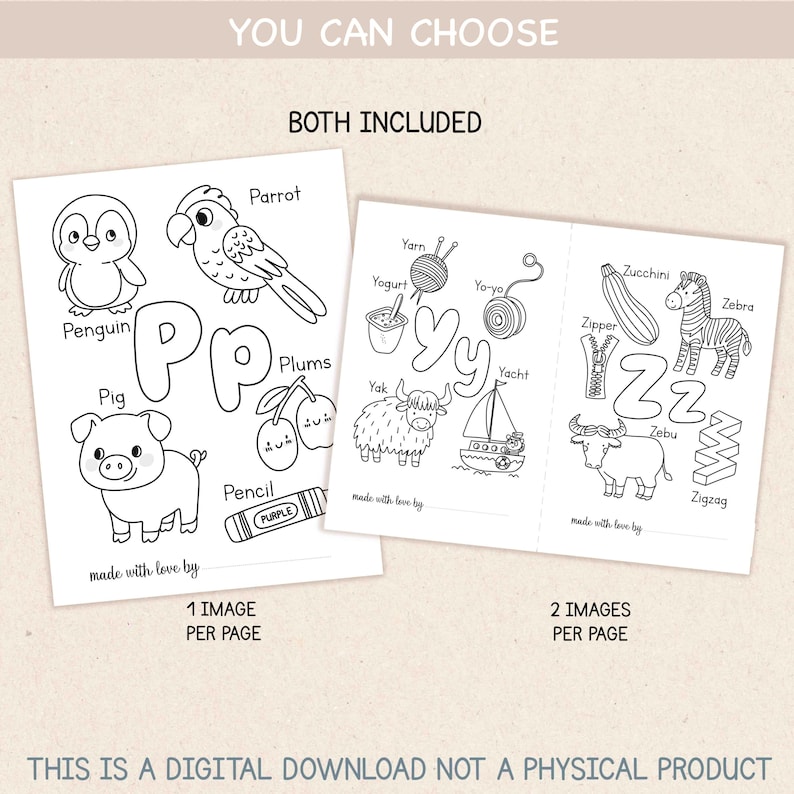 May include: Two black and white coloring pages featuring the letters P, Y, and Z. The letter P page shows a penguin, parrot, pig, plums, and pencil. The letter Y and Z page shows yogurt, yarn, yo-yo, yak, yacht, zucchini, zebra, zipper, zebu, and zigzag.